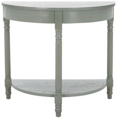 an oval table with two legs and a shelf on the bottom, in grey wood