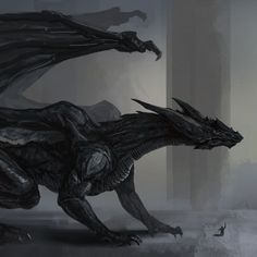 a large black dragon standing next to a tall building