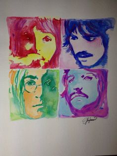 four different colored portraits of the beatles