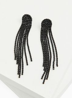 Shimmer and shake your way through the season with a pair of embellished fringe dangle earrings. Post backs. Man-made materials. Base metal. Imported. The best plus size women's black embellished fringe dangle earrings in black. Torrid is your destination for cozy fall and winter clothes to keep you warm and comfortable. Black Fringe Earrings For Party, Black Tassel Drop Earrings For Evening, Party Black Fringe Earrings, Elegant Black Beaded Fringe Chandelier Earrings, Black Fringe Jewelry, Black Beaded Fringe Tassel Drop Earrings, Black Beaded Fringe Tassel Dangle Earrings, Black Beaded Fringe Dangle Tassel Earrings, Black Dangle Tassel Earrings For Party