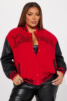 Available In Red/Black. Bomber Collar Verbiage Faux Leather Sleeves Stripe Details Button Closure Oversized Self: 100% Polyester PU Lining: 85% Polyester 10% Rayon 5% Wool Imported | Chi Town Girl Bomber Jacket in Red/Black size Large by Fashion Nova Chi Town, Leather Sleeves, Leather Sleeve, Girly Girl, Black Fashion, Fashion Nova, Bomber Jacket, Black And Red, Faux Leather