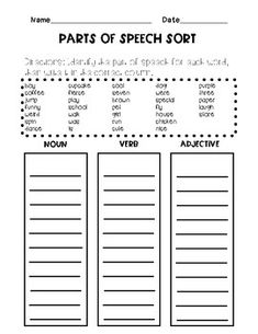 parts of speech sort worksheet for students to practice their language skills and writing