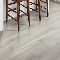 two wooden stools sitting next to each other in a kitchen