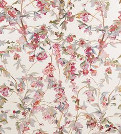 a floral wallpaper with pink flowers and green leaves on white background, close up