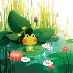 a frog sitting on top of a lily pad next to water lilies and grass