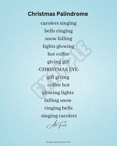 the christmas poem is written in black ink on a light blue background with white lettering