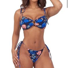 Blue Floral Blue Tropical Print Tie-side Swimwear, Blue Tropical Print Swimwear With Tie-side Bottom, High Waisted Swim Bottoms, Floral Two Piece, Swimsuit Pattern, Reversible Bikinis, Creative Ideas, Blue Floral, String Bikinis