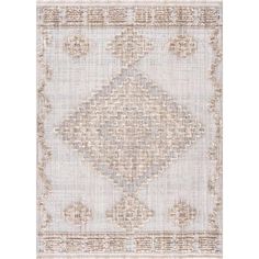 a beige and white rug with an ornate design