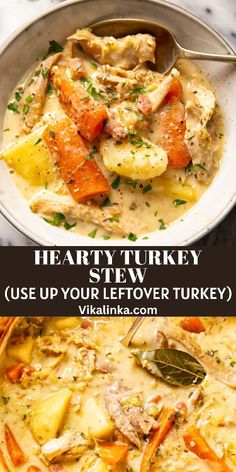 hearty turkey stew with potatoes and carrots in a white bowl