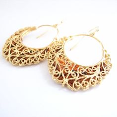 GresianChic FilligreeEarrings UniqueHandmadeJewelry | Etsy Gold Hoop Earrings With Intricate Design For Party, Festive Gold Metal Hoop Earrings, Ornate Gold Brass Hoop Earrings, Party Brass Filigree Earrings, Elegant Gold Plug Earrings For Festive Occasions, Festive Gold Jewelry For Pierced Ears, Brass Filigree Hoop Jewelry, Festive Gold Brass Plug Earrings, Festive Gold Plug Earrings For Pierced Ears