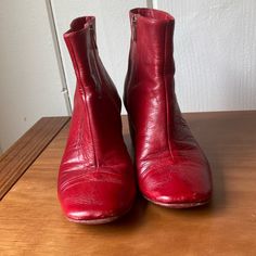 Hand Made Italian Ankle Boots By Kundeta. Wood Heel 2 1/2”, Leather Soles, Zip 5” Long Open To Within 1 Inch Of Sole. 3 1/2” Toe Box Width. Great Shape! Red Fitted Heeled Boots With Square Toe, Vintage Leather Heeled Boots With Low Heel, Vintage Leather Boots With Low Heel, Red Square Toe Heeled Boots For Formal Occasions, Red Fitted Calf Leather Boots, Fitted Red Calf Leather Boots, Fitted Red Vintage Boots, Red Square Toe Boots With Leather Sole, Red Boots With Leather Sole And Square Toe