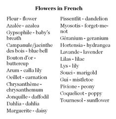 flowers in french are shown with their names