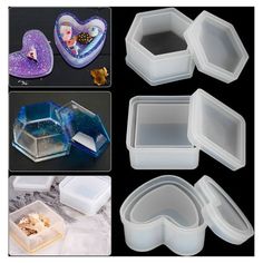 several different shapes and sizes of heart shaped ice trays with lids on black background