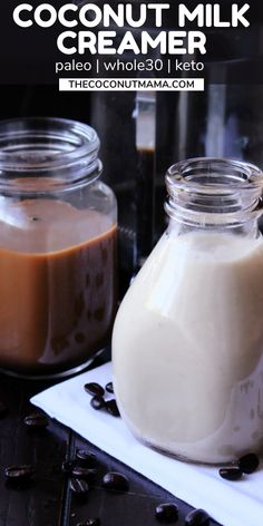 two jars filled with homemade coconut milk and coffee beans