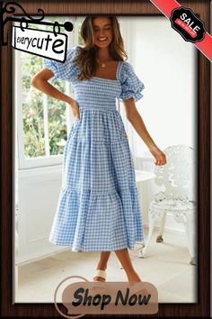 Elegant Fashion Women Summer Dress Plaid Dress New Casual Square Neck Short Puff Sleeves Elastic High Waist Long Dress Women Summer Dress, Plaid Dress, Women's Summer Fashion, Summer Dresses For Women, Elegant Fashion, Puff Sleeves, Square Neck, Fashion Women, Summer Dress