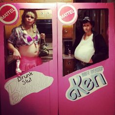 two women standing in front of a pink refrigerator with stickers on the doors that say drink out