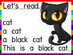 a black cat with yellow eyes sitting in front of a rainbow colored sign that says let's read