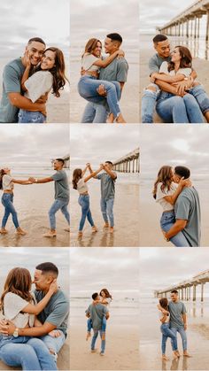 a couple hugging on the beach with their arms around each other and holding hands in front of them