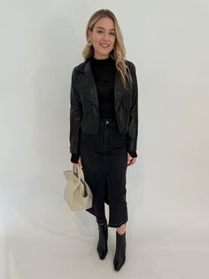 Indulge in luxury while staying true to your values with Adroit Atelier's Ninon Vegan Leather Jacket in Black. Made from super soft vegan leather, this jacket is a timeless and versatile piece that pairs perfectly with any outfit. Its cropped length adds an edgy touch to your look, while the unique elbow detail adds a distinctive flair. Elevate your outerwear collection with this jacket that is both stylish and ethical! Fabrication: 100% PU shell, 100% Poly Spandex lining Details: - Cropped jack Vegan Leather Jacket, Your Values, Leather Jacket Black, Sweater Sale, Denim Pant, Jacket Sale, Skirts For Sale, Denim Dress, Clothes For Sale