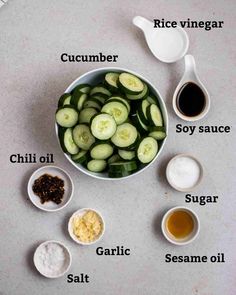 the ingredients to make cucumber soup are shown in bowls