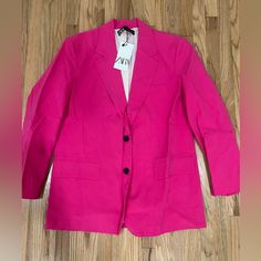 New Fuchsia Pink Casual Outerwear With Notch Lapel, Casual Pink Outerwear With Notch Lapel, Zara Pink Blazer For Fall, Pink Tailored Casual Blazer, Casual Pink Tailored Blazer, Casual Tailored Pink Blazer, Classic Pink Spring Blazer, Classic Pink Blazer For Spring, Pink Single Breasted Blazer For Spring