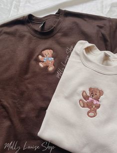 "Embroidered Teddy Bear Sweatshirt! -Embroidered on a cotton/polyester blend crewneck sweatshirt, this design is simple and minimalistic, perfect for every outfit! -Embroidery design measures 2.25\" x 3.5\". -See product pictures for shirt sizing chart. **SWEATSHIRTS ARE IN UNISEX SIZING AND RUN TRUE TO SIZE. -All sweatshirts are handmade on an embroidery machine so there may be slight differences, but we only sell the sweatshirts that meet our high-quality standards. -To maintain the quality of your sweatshirt and the embroidery design make sure to wash with care. We recommend turning the item inside out and using a cold wash and delicate cycle. We highly recommend air drying when possible as well. -Please feel free to reach out with any additional questions, customization requests, etc. Teddy Bear Sweatshirt, Horse Sweatshirts, Bear Sweatshirt, Bear Shirt, Shirt Embroidery, Cute Sweatshirts, Cute Sweaters, Dream Clothes, Embroidery Machine