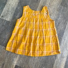 Adorable Bright Yellow Orange Plaid Blouse. Very Light Fabric And Airy With Lots Of Room. Perfect For Hot Summer. Casual Cotton Tank Dress, Orange Sleeveless Top For Spring, Orange Cotton Sleeveless Tank Top, Summer Orange Tank Top, Orange Sleeveless Cotton Tank Top, Orange Sleeveless Cotton Top, Summer Orange Cotton Tops, Yellow Cotton Vest Top, Orange Vest Top For Spring