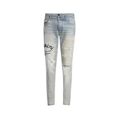 Amiri jeans in faded, distressed denim Contrasting Hollywood logo on right leg Regular rise Five-pocket style Full length Skinny legs Button/zip closure; belt loops Cotton Dry clean Made in USA from imported materials Designer Distressed Jeans For Streetwear, Designer Straight Leg Jeans For Streetwear, Designer Denim Jeans For Streetwear, Designer Streetwear Bottoms With Five Pockets, Hollywood Logo, Eyeglass Jewelry, Amiri Jeans, Travel Scarf, Evening Flats