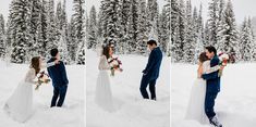 a bride and groom standing in the snow with their arms around each other as they kiss