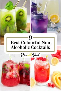 Collage of 4 colourful non alcoholic cocktails. Easy Mocktail Recipes, Alcholic Drinks, Alcohol Free Drinks, Drink Recipes Nonalcoholic, Colorful Drinks, The Hangover, Non Alcoholic Cocktails, Alcoholic Cocktails