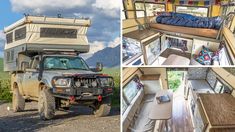 the interior and exterior of a camper van with multiple pictures showing it's bed area