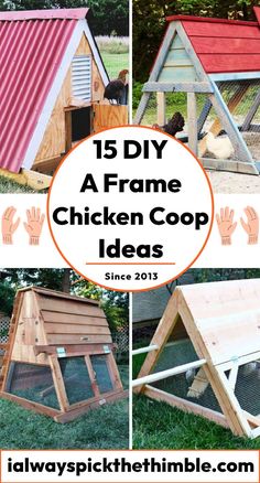 the chicken coop is made out of wood and has a red tin roof, two chickens in