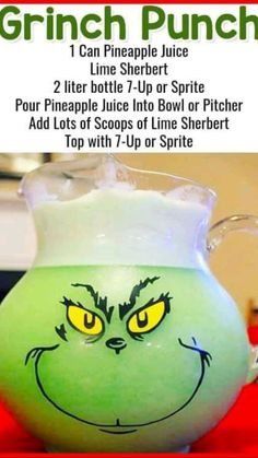 a green grinch punch pitcher with instructions on how to make it in the style of an angry grinch