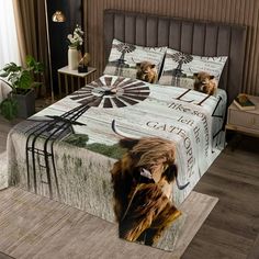 a bedroom with a bed, nightstands and a fan on the wall next to it