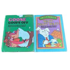 two children's books, one in green and the other in blue with an image of