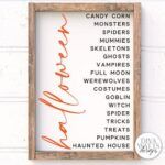 a wooden frame with an orange handwritten name on it and the words halloween written in cursive writing