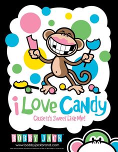 i love candy card with a monkey holding a cupcake and smiling at the camera