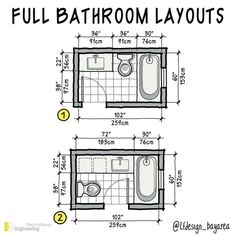 two bathroom layouts are shown with measurements