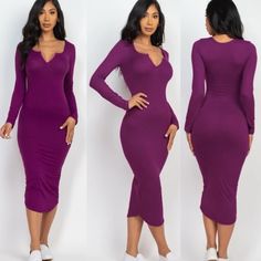 New | Boutique A Sexy Casual Basic Dress. Can Be Paired With Some Tennis Shoes, Flat Sandals, Or Heels. Details: - Soft T-Shirt Material - Split Neck Midi Dress - Stretchy - Long Sleeve - Round Hem - Pull On Style Material: 92% Polyester, 8% Spandex Measurements: (Not Stretched) Small - Length 49", Bust 26" Medium - Length 49", Bust 28" Large - Length 50", Bust 30" Trendy Purple V-neck Dress, Purple Bodycon Midi Dress, Purple Stretch Midi Dress, Purple Stretch Midi Bodycon Dress, Purple Long Sleeve Midi Dress For Date Night, Purple Stretch V-neck Bodycon Dress, Purple Midi Length Bodycon Dress For Date Night, Purple Long Sleeve Stretch Midi Dress, Trendy Stretch V-neck Midi Dress