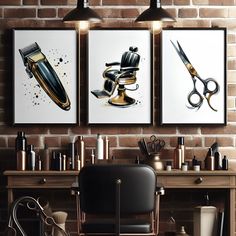 three framed art prints on a brick wall above a barber chair and table with scissors