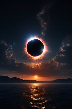 the solar eclipse is seen over the ocean at night with clouds and mountains in the background