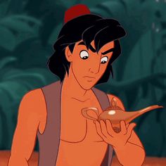 an animated man with no shirt on holding a bowl and looking at something in his hand