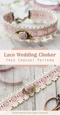 lace wedding choker free crochet pattern from knitter hollowway designs, featured on white wood background