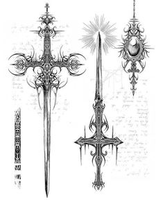 three different types of swords with intricate designs on the top and bottom, one in black ink