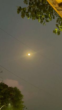 the moon shines brightly in the sky above some trees and power lines at night