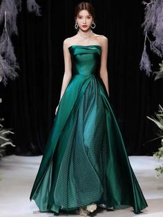 Evening Dress A-Line Strapless Satin Fabric Floor-Length Pleated Forma — Bridelily Formal Party Dresses, Strapless Evening Dress, Ring Pillows, Green Things, Satin Tulle, Gowns Prom, Formal Party Dress, Dress A Line, Dresses Bridesmaid