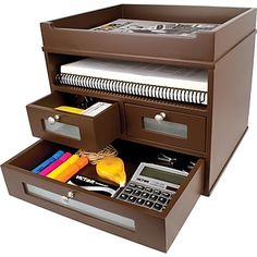 a brown drawer with two drawers filled with office supplies