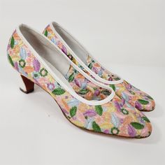 Vintage Serenades by Florsheim Floral Emboroidered Colorful Heels Size 7.5 B Multicolor Heels For Spring Formal Events, White Embroidered Heels For Spring, Spring White Embroidered Heels, Floral Embroidery Heels For Summer, White Floral Embroidery Heels, Embroidered Low Heel Spring Heels, Low Heel Embroidered Heels For Spring, Embroidered Round Toe Heels For Spring, White Heels With Floral Embroidery