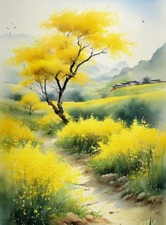 a painting of a yellow tree in the middle of a field