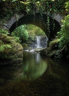 a stream running under a stone bridge with a waterfall coming out of the tunnel below